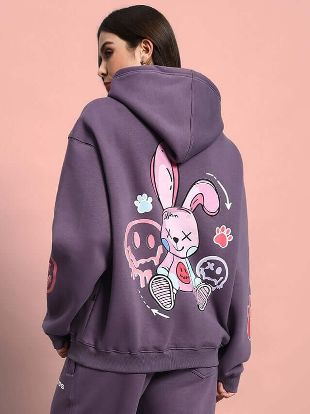Alt Tag: WOMEN CASPER OVERSIZED FLEECE HOODIE VIOLET with graphic design on back