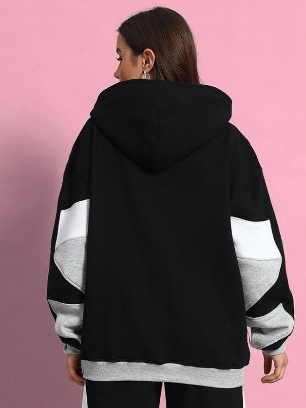 Back view of WOMEN WD SWORD FLEECE COLORBLOCK HOODIE BLACK GREY, showcasing black and grey design for urban streetwear style.