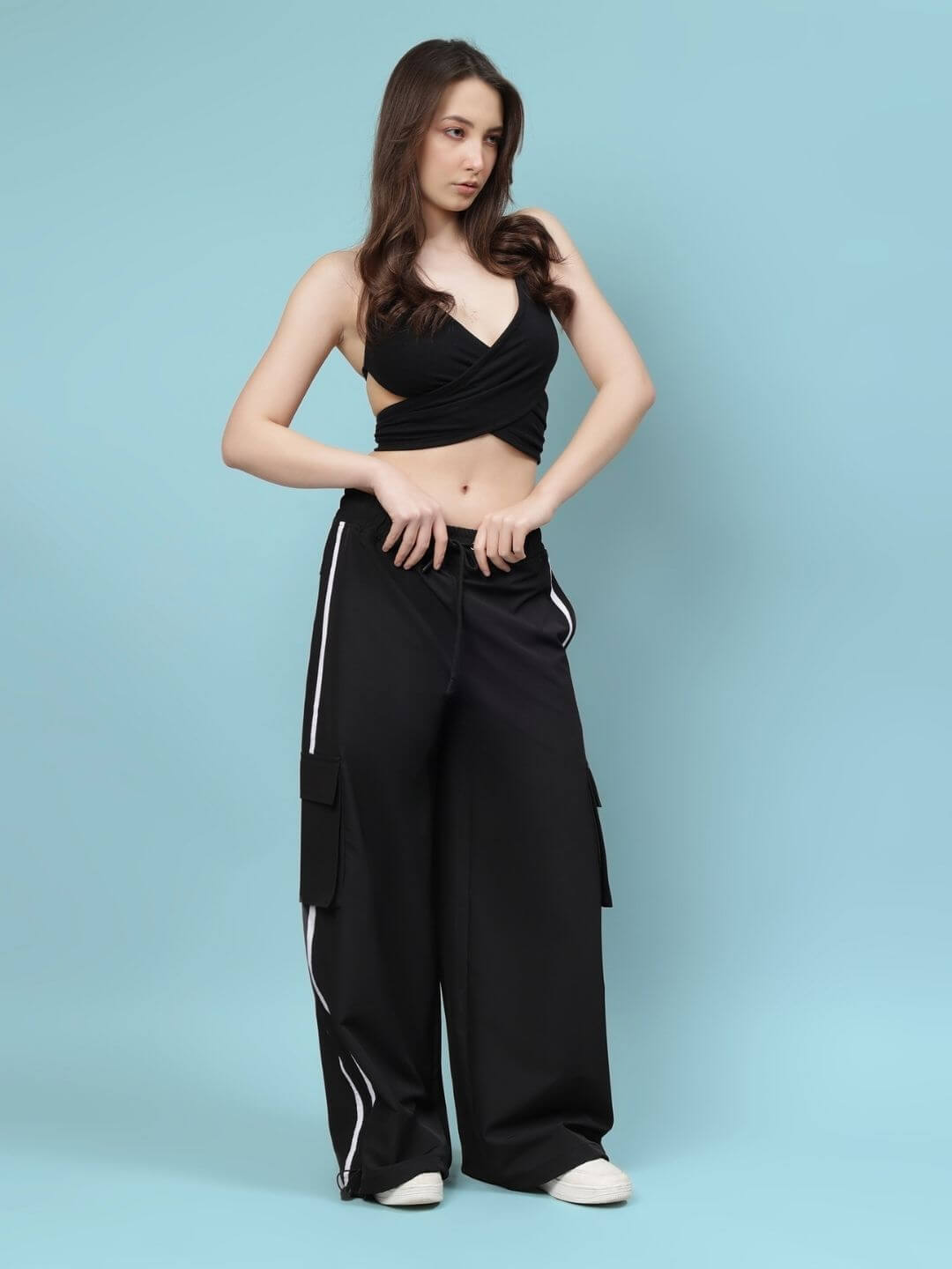 Model wearing WOMEN'S XAVIER CO-ORD SET BLACK, featuring chic streetwear style with breathable cotton-blend fabric by WEAR DUDS.