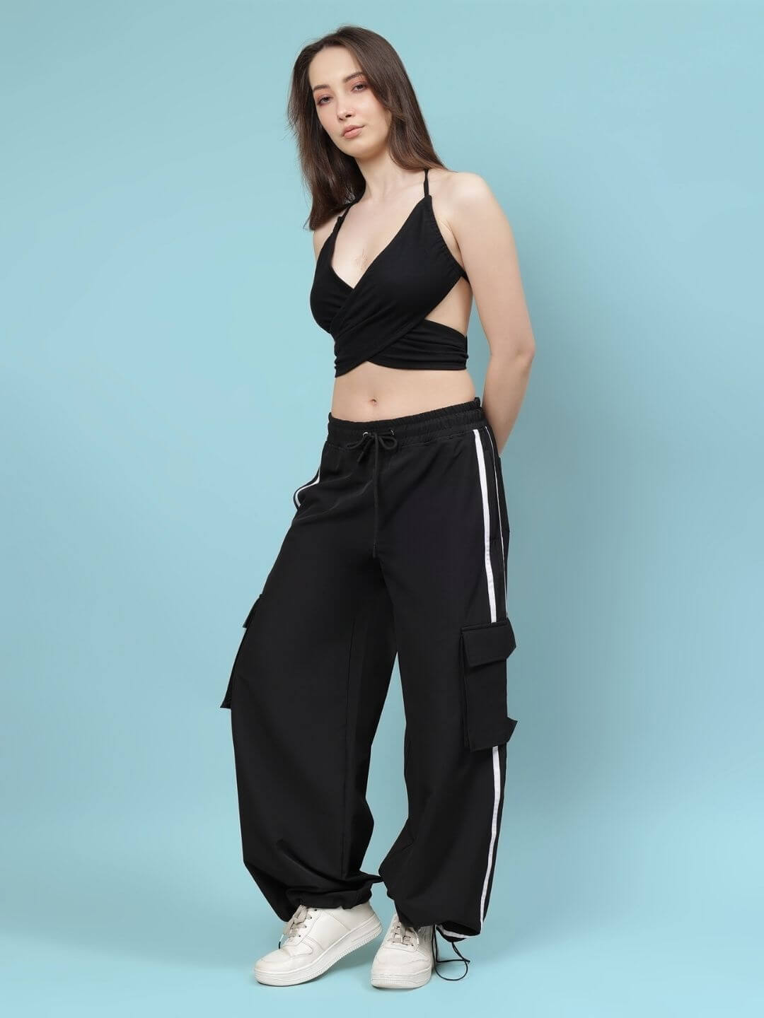 Woman wearing WOMEN'S XAVIER CO-ORD SET BLACK by WEAR DUDS, featuring stylish and versatile outfit in breathable cotton-blend fabric.