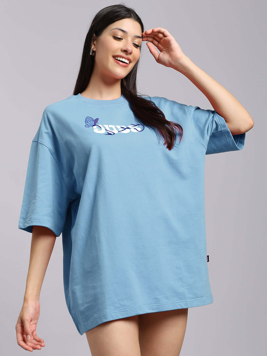WOMENS YOUR FEELING PRINTED T-SHIRT SKY BLUE with unique design, soft cotton fabric, casual style, worn by model.