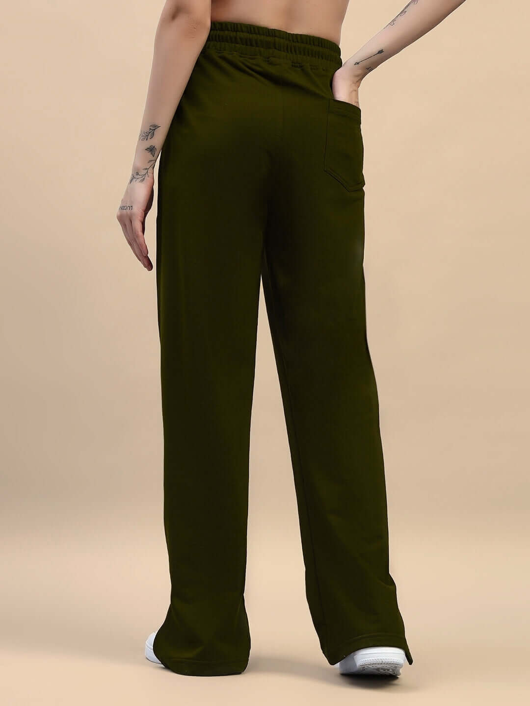 Back view of women's olive green Zion relaxed fit co-ord jogger set, featuring elasticated waistband and premium cotton fabric.