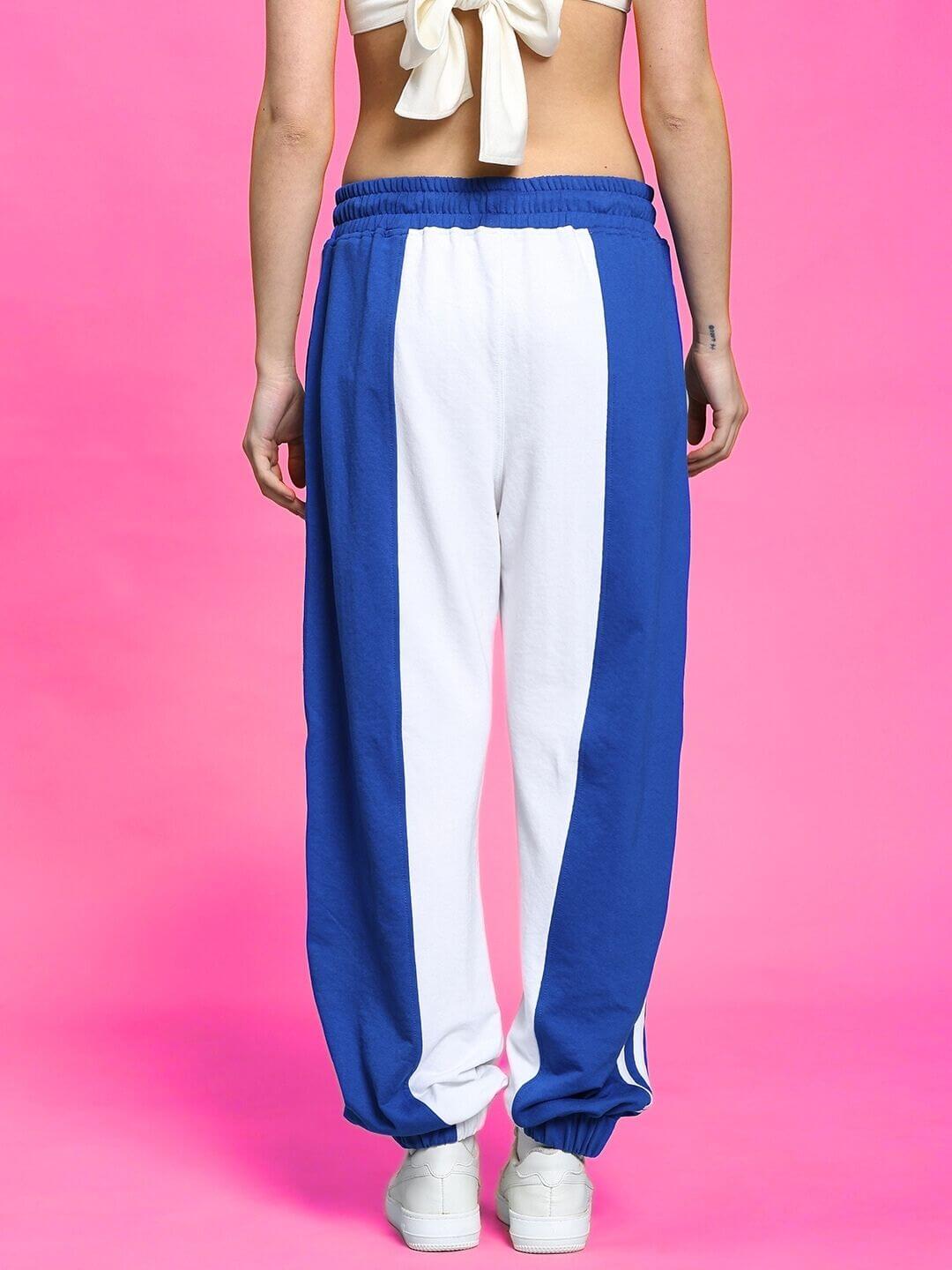 Back view of WOMEN'S AZORA CO-ORD SET BLUE-WHITE showing blue and white pants.