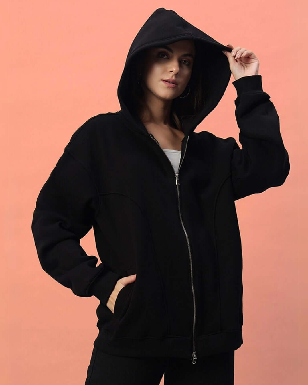 WOMEN TWO FOLD ZIPPER HOODIE BLACK - WOMEN'S HOODIE
