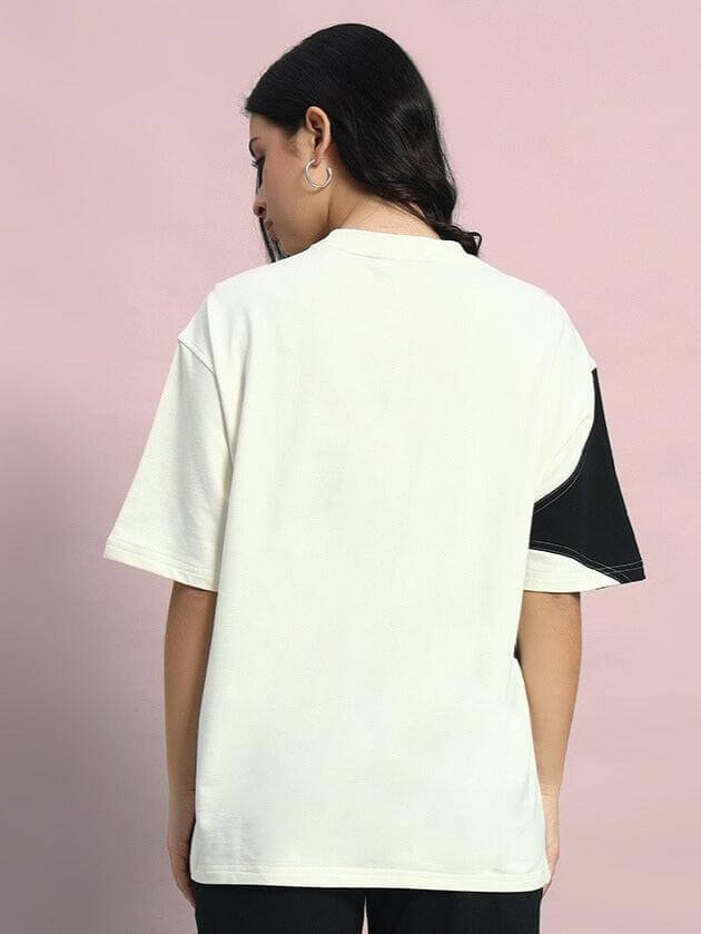 Back view of Women's David Designer Oversized T-Shirt in off white and black, crafted from premium cotton French Terry Lycra blend.