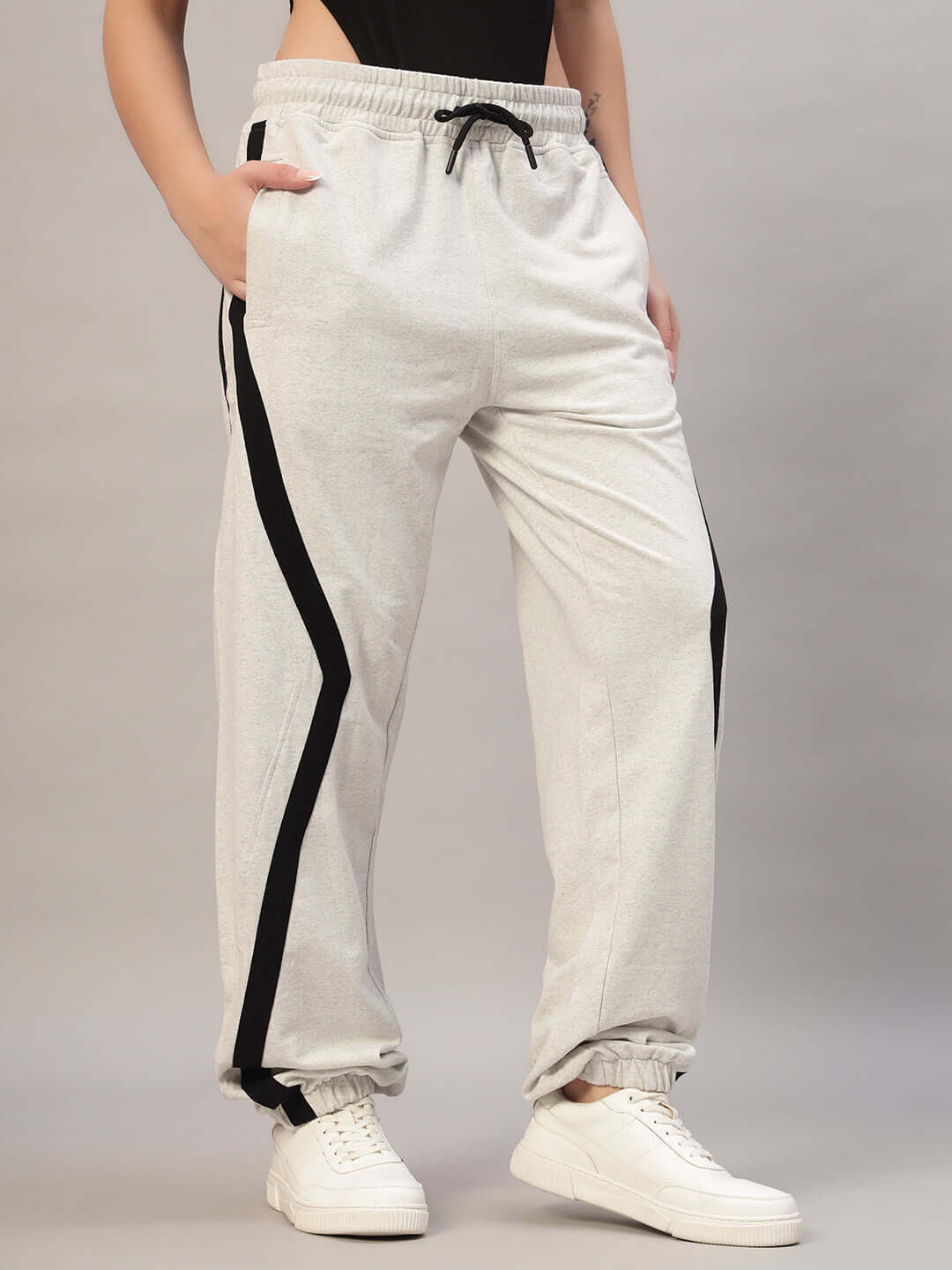 Women's melange grey DUDS joggers with black stripes, made to order for a custom fit, perfect for casual comfort and style.