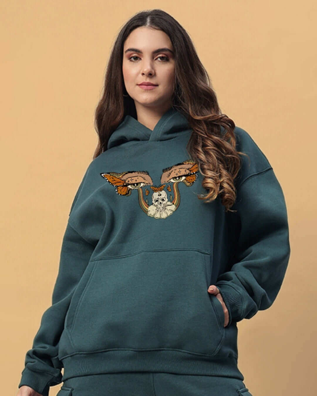 Model wearing WOMEN'S EYES ON RISE FLEECE CO-ORD TEAL GREEN, showcasing unique design.