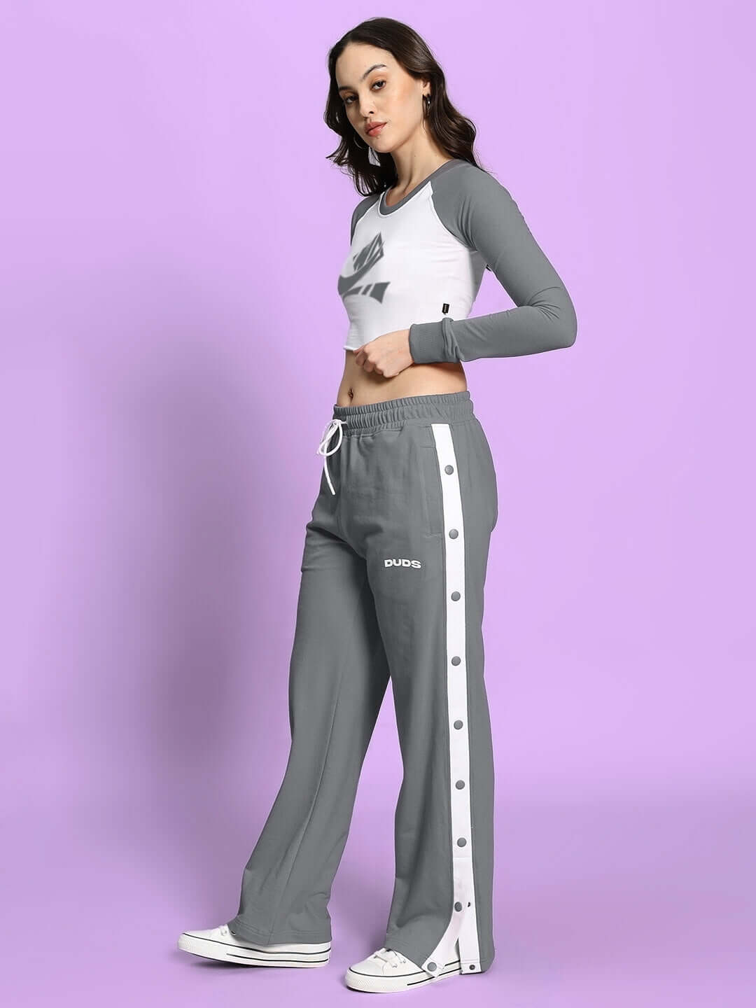 Grey and white women's EZEL co-ord set featuring relaxed fit joggers with elastic waistband, perfect for casual wear. Premium cotton blend.