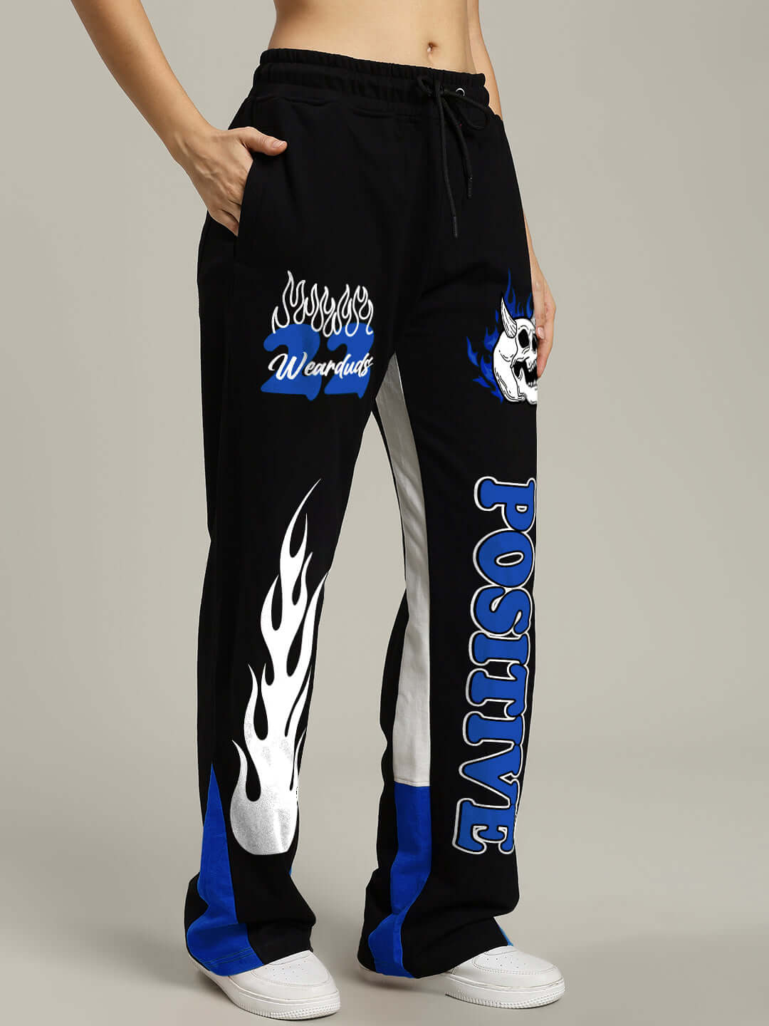 Women's Fearless Positive Relaxed Fit Joggers Black-Blue with sporty side panels and inspiring text detail.