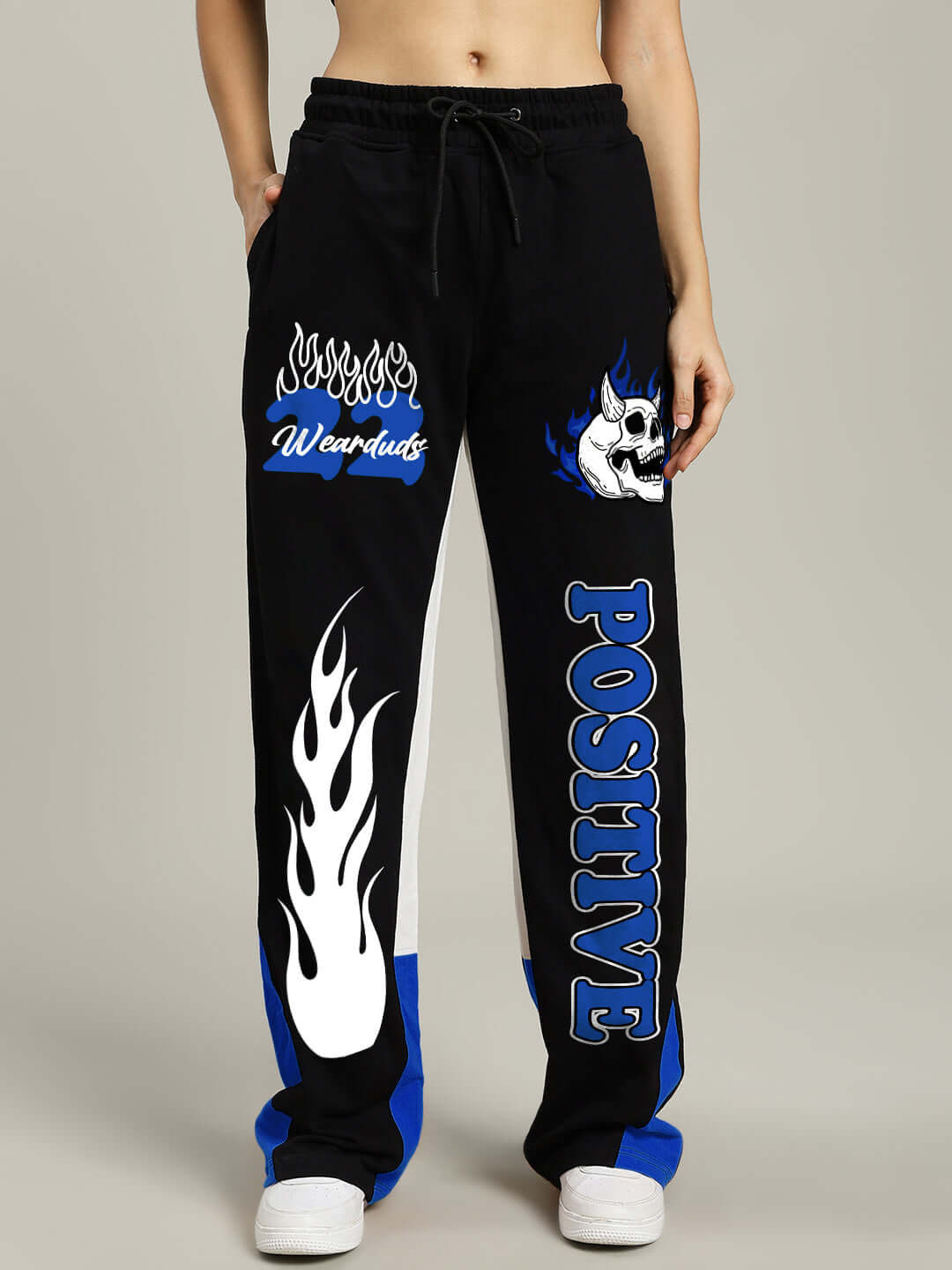 WOMEN'S FEARLESS POSITIVE RELAXED FIT JOGGERS BLACK-BLUE with street style graphics and sporty design