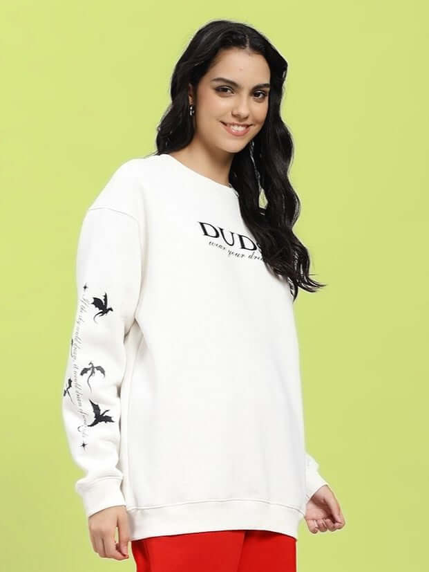 WOMEN FLY OR DIE DRAGON PRINT FLEECE SWEATSHIRT OFF WHITE - SWEATSHIRT