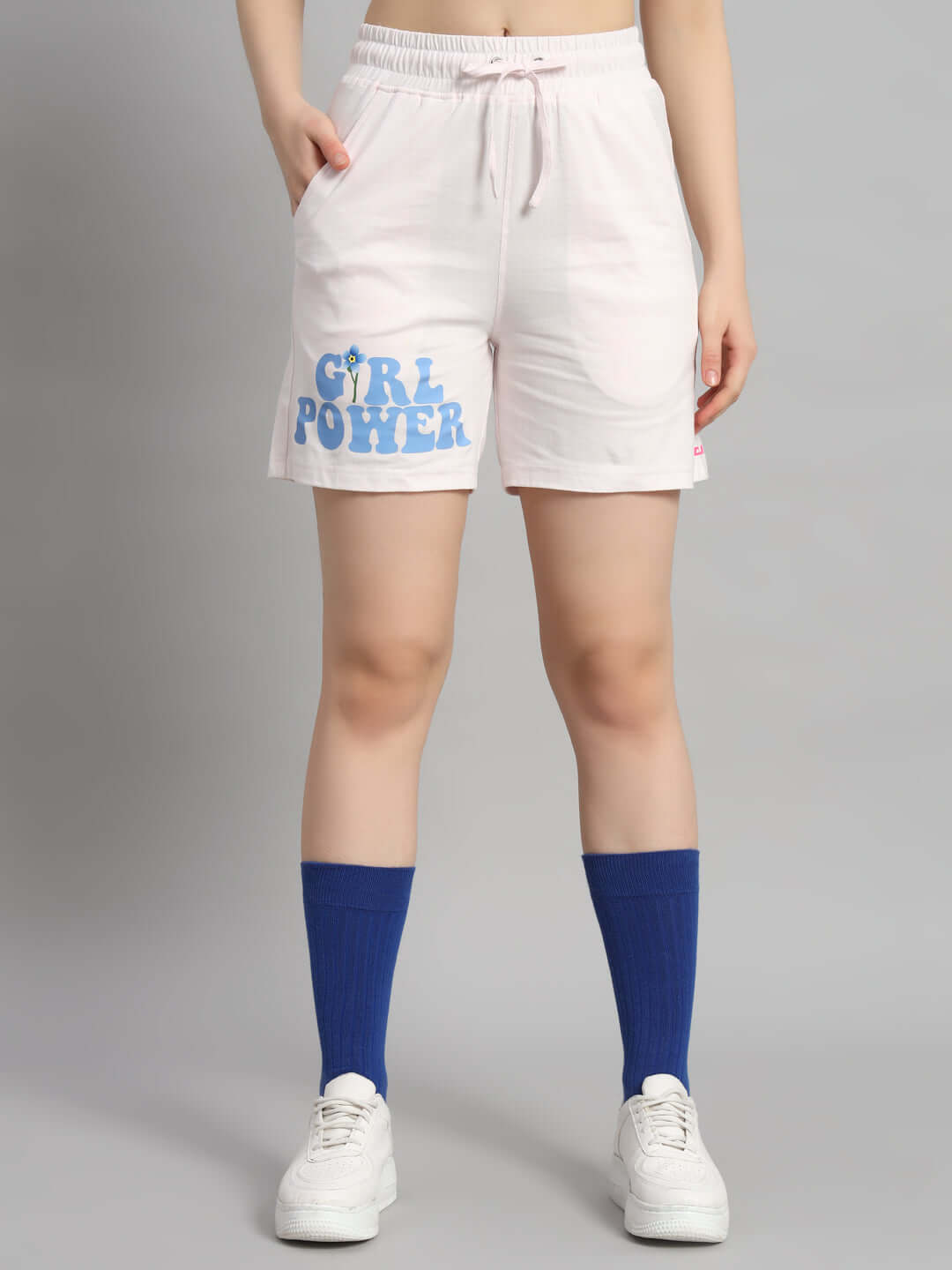 Women's Girl Power co-ord shorts in baby pink with blue print, 97% cotton blend, designed for casual wear, featuring elastic waistband.