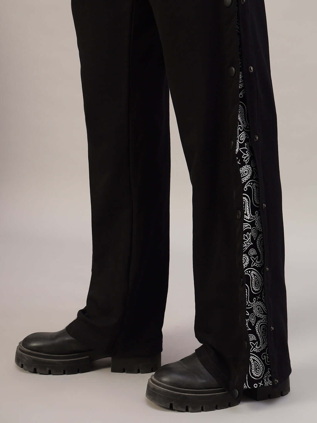 Women's black Mambo joggers with paisley detail, custom fit available, made by Duds