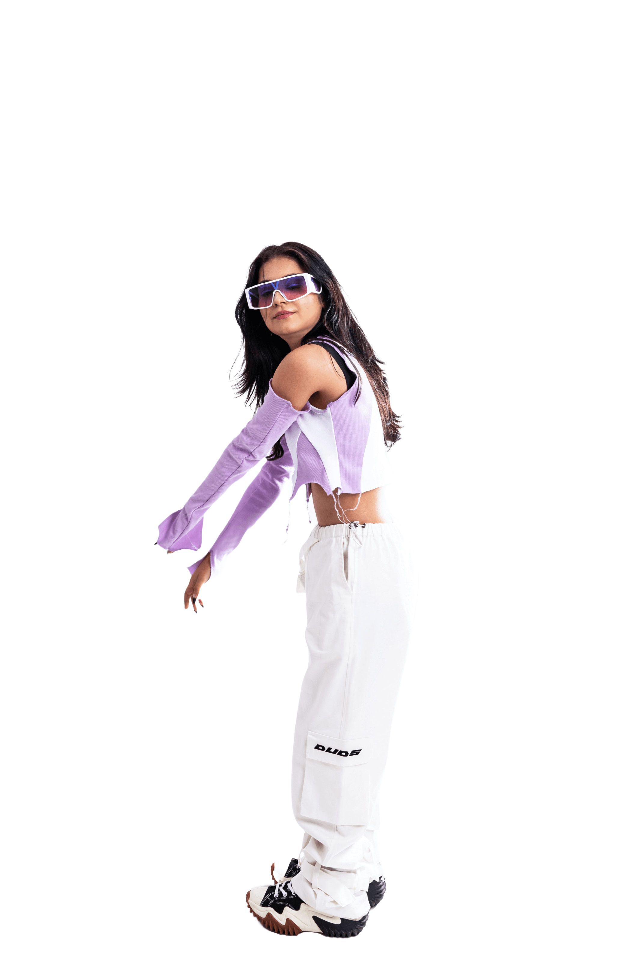 WOMENS MOON WHITE CARGO PANTS WHITE worn with a trendy lavender top and sporty sneakers, showcasing streetwear style.