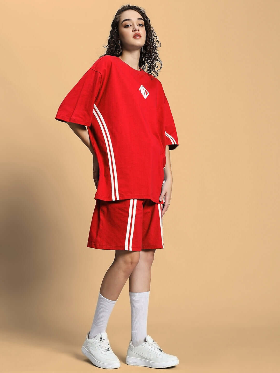 WOMEN'S OUTLOOK SUMMER CO-ORD SHORTS SET RED with vibrant red t-shirt and shorts, designed for comfort and style.