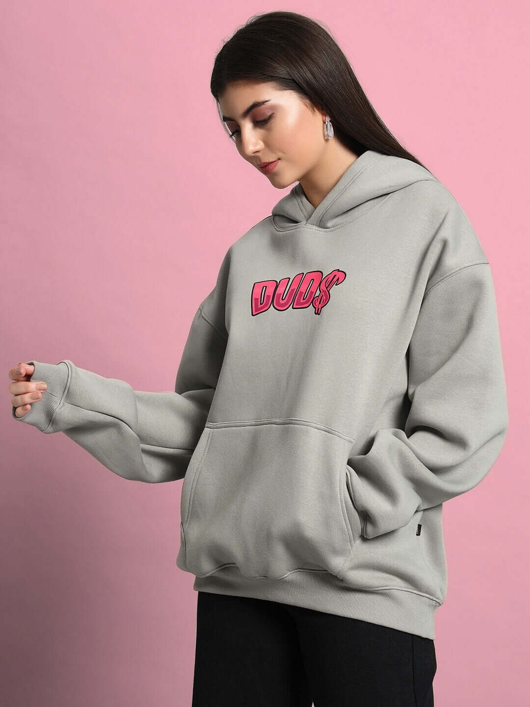 Woman wearing WOMEN PINK PANTHER OVERSIZED HOODIE GREY by DUDS