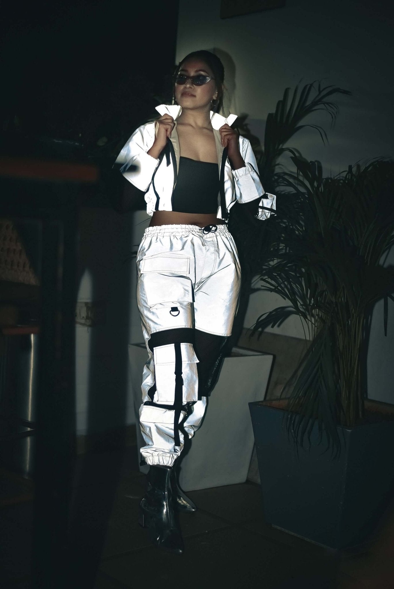 Model wearing WOMEN REFLECTOR CO-ORD SET CARGO PANTS WITH JACKET in a stylish, streetwear look.