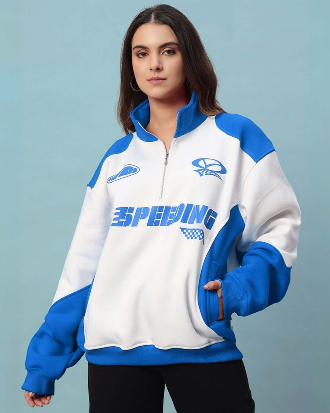 Women's Speeding Colorblock Jacket in Royal Blue fleece with relaxed fit, bold colorblock style, shown on a background, perfect for casual wear.