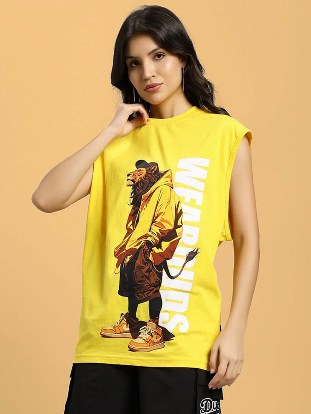 Model wearing yellow Women's Street Lion Gym T-Shirt featuring a lion graphic, perfect for a sporty and stylish look.