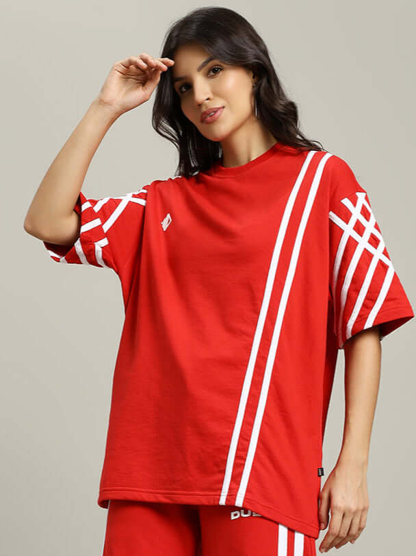 Women's United Stripe Over-Sized T-Shirt in red, made from premium heavy gauge fabric, featuring a modern design, by Color By Colours.