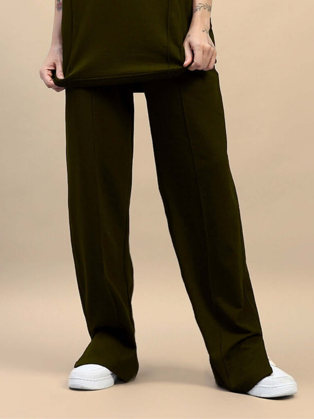 WOMENS ZION SIDE SLIT JOGGERS OLIVE GREEN showcasing fashion-forward side slit design in premium cotton blend fabric.