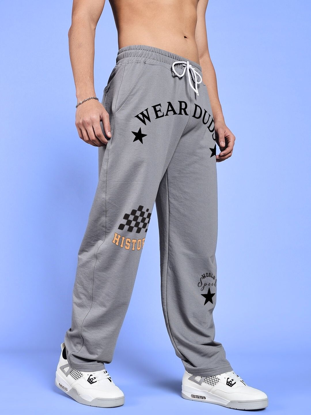 WORLD SPEED PRINTED RELAXED FIT JOGGERS GREY in trendy graphic design, comfortable fit for casual wear, featuring stylish printed details.