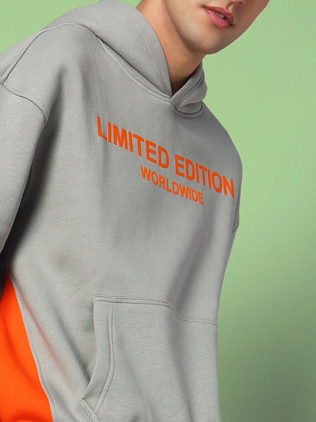 Model wearing WORLDWIDE FLEECE COLORBLOCK CO-ORD GREY hoodie featuring 'Limited Edition Worldwide' text.