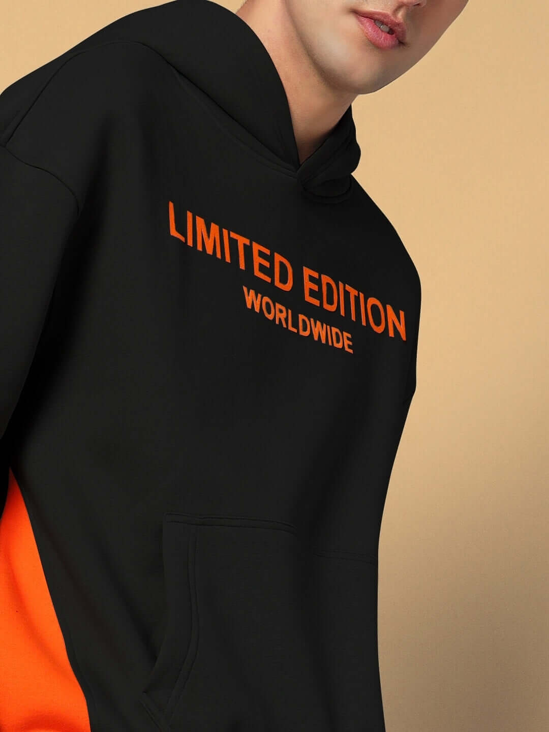 WORLDWIDE FLEECE HOODIES BLACK - Men's limited edition fleece hoodie, side view in black with orange accents.