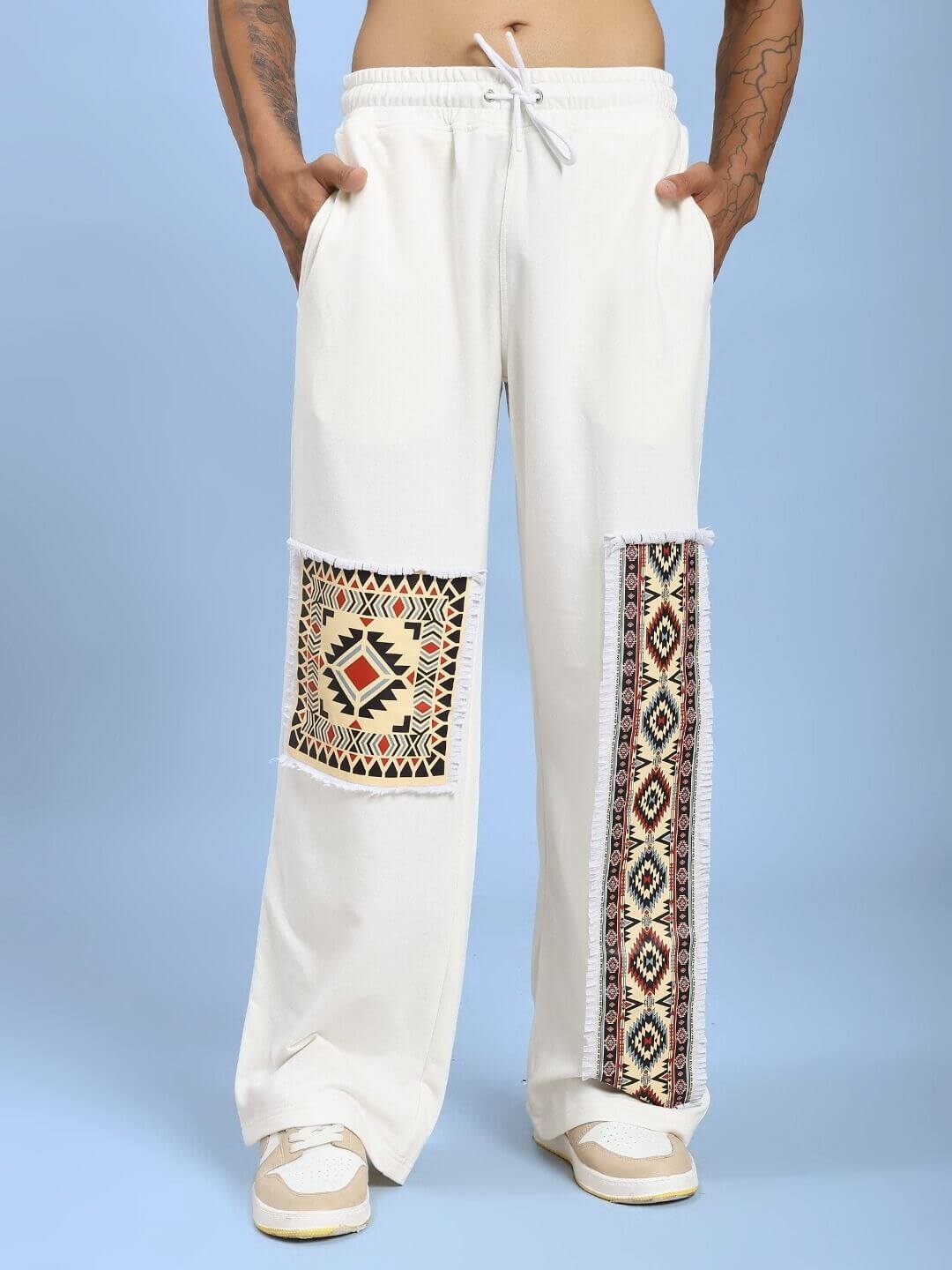 YARA GEOMETRIC PRINT CO-ORD SET OFF-WHITE featuring patterned pants with geometric design, perfect for modern casual outings.
