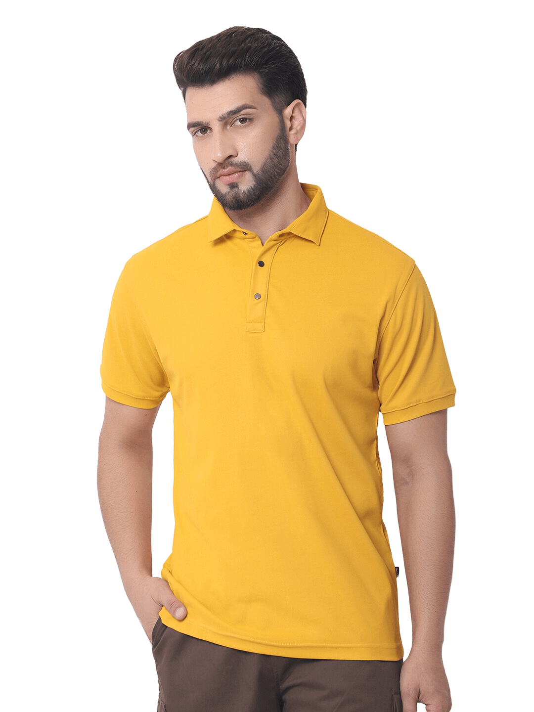 Man wearing yellow polo neck t-shirt with metal button details, half sleeves, made of 100% polyester, highlighting comfort and modern style.