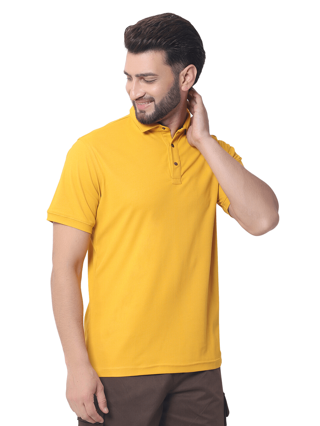 Model wearing a yellow polo neck t-shirt with half sleeves and metal front buttons, crafted from wrinkle-free, stretchable polyester fabric.