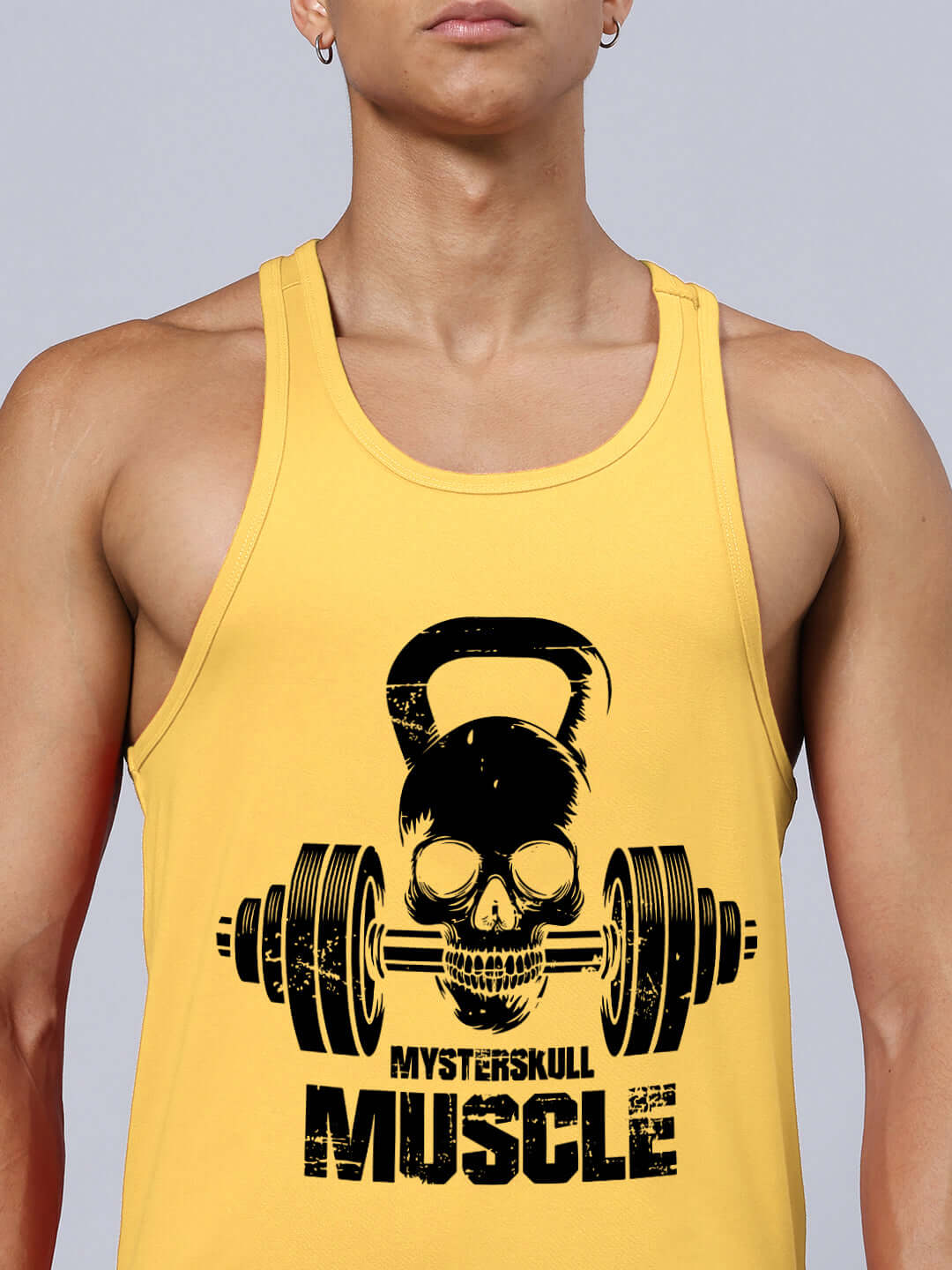 KETTLEBELL SKULL PRINTED GYM CO-ORD SET YELLOW featuring graphic muscle design on yellow tank top, ideal for gym workouts.