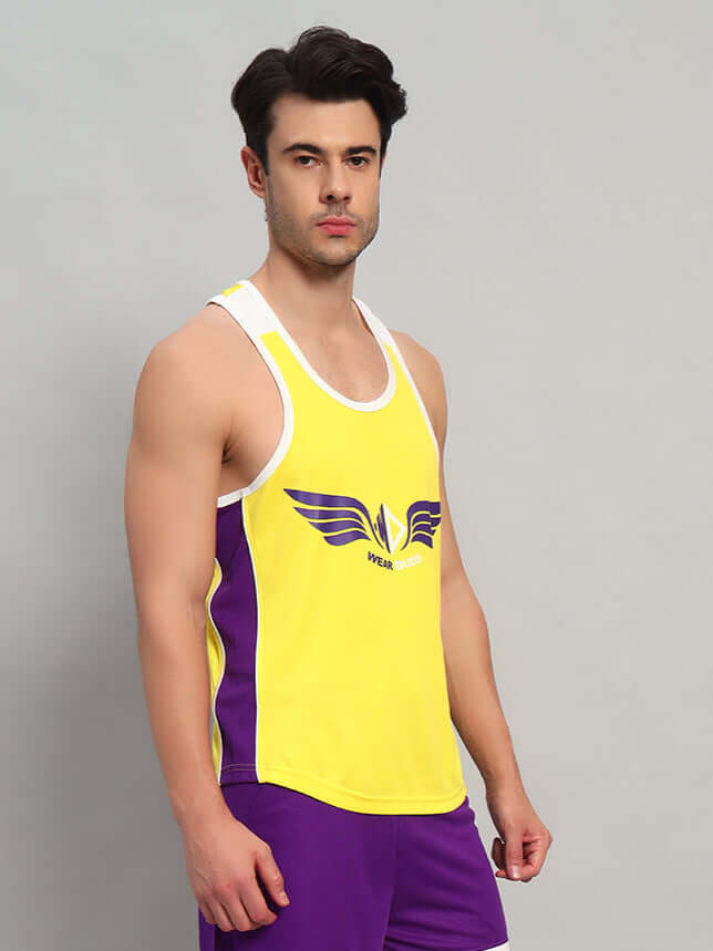 Man wearing a yellow and purple ZENITH gym t-shirt showcasing a sporty design, ideal for workouts.