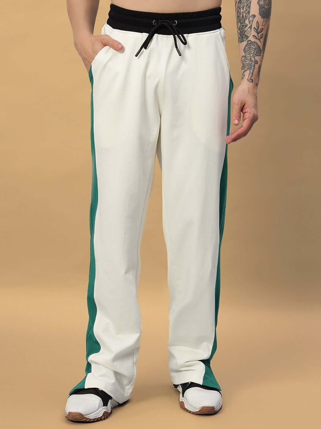Zingy Jogger with Off White and Teal design by DUDS, displayed against a neutral background. Custom fit options available for made-to-order.
