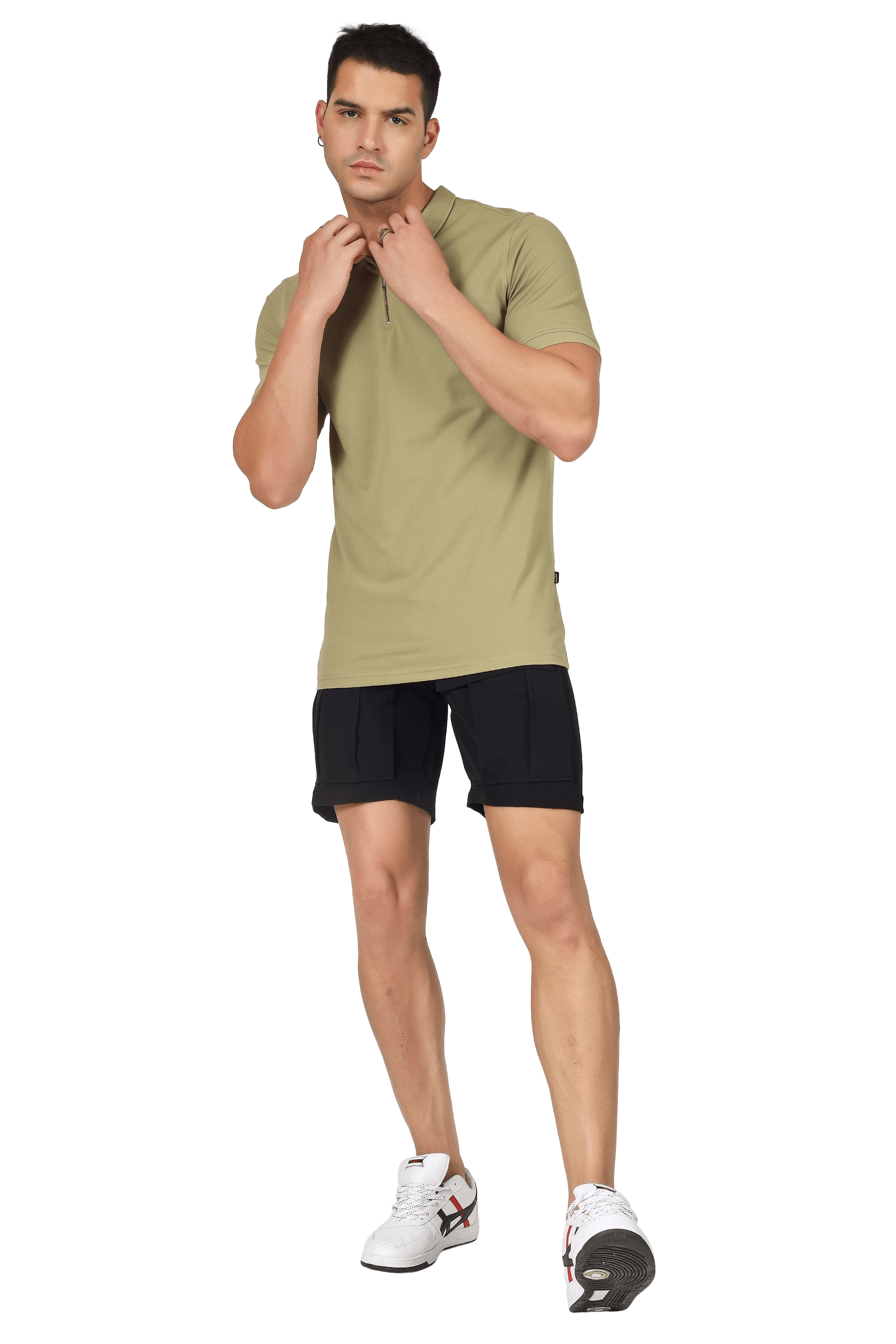Model wearing Gravel Green Zipper Polo Neck T-Shirt in Sporty Pique Cotton for superior stretch and wrinkle resistance.