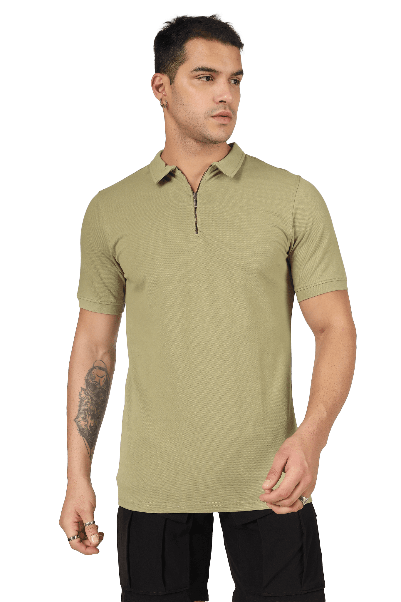 ZIPPER POLO NECK ZIPPER T-SHIRT GRAVEL GREEN on model showcasing modern dual-zipper design and stylish polo collar.