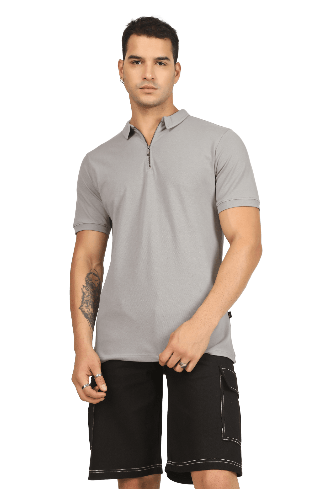 Model wearing ZIPPER POLO NECK T-SHIRT GRAINED GREY with a stylish zip-up collar and subtle grained texture.