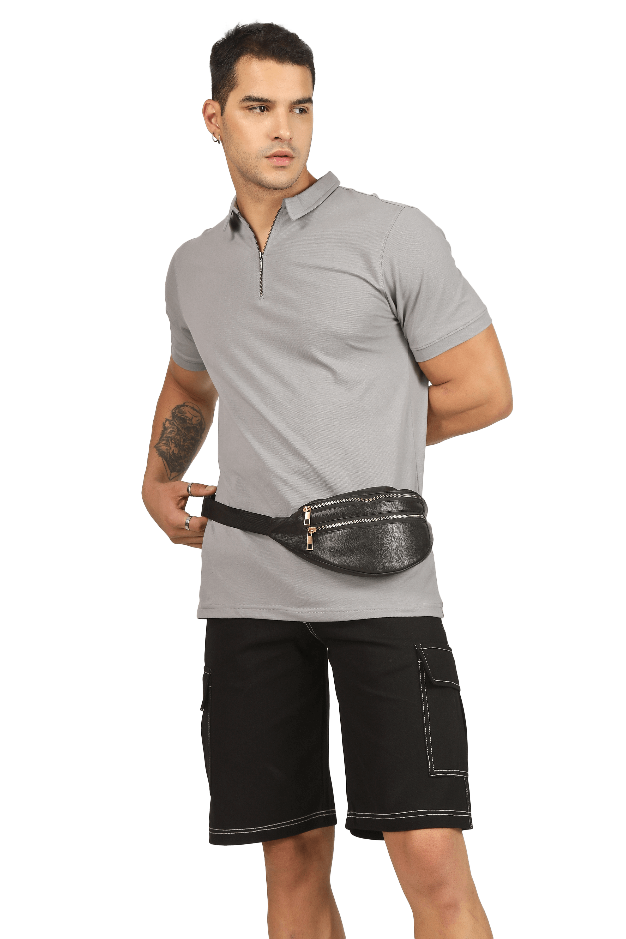 Model wearing grained grey zipper polo neck t-shirt with half sleeves and black shorts, showcasing a slim fit and casual style.