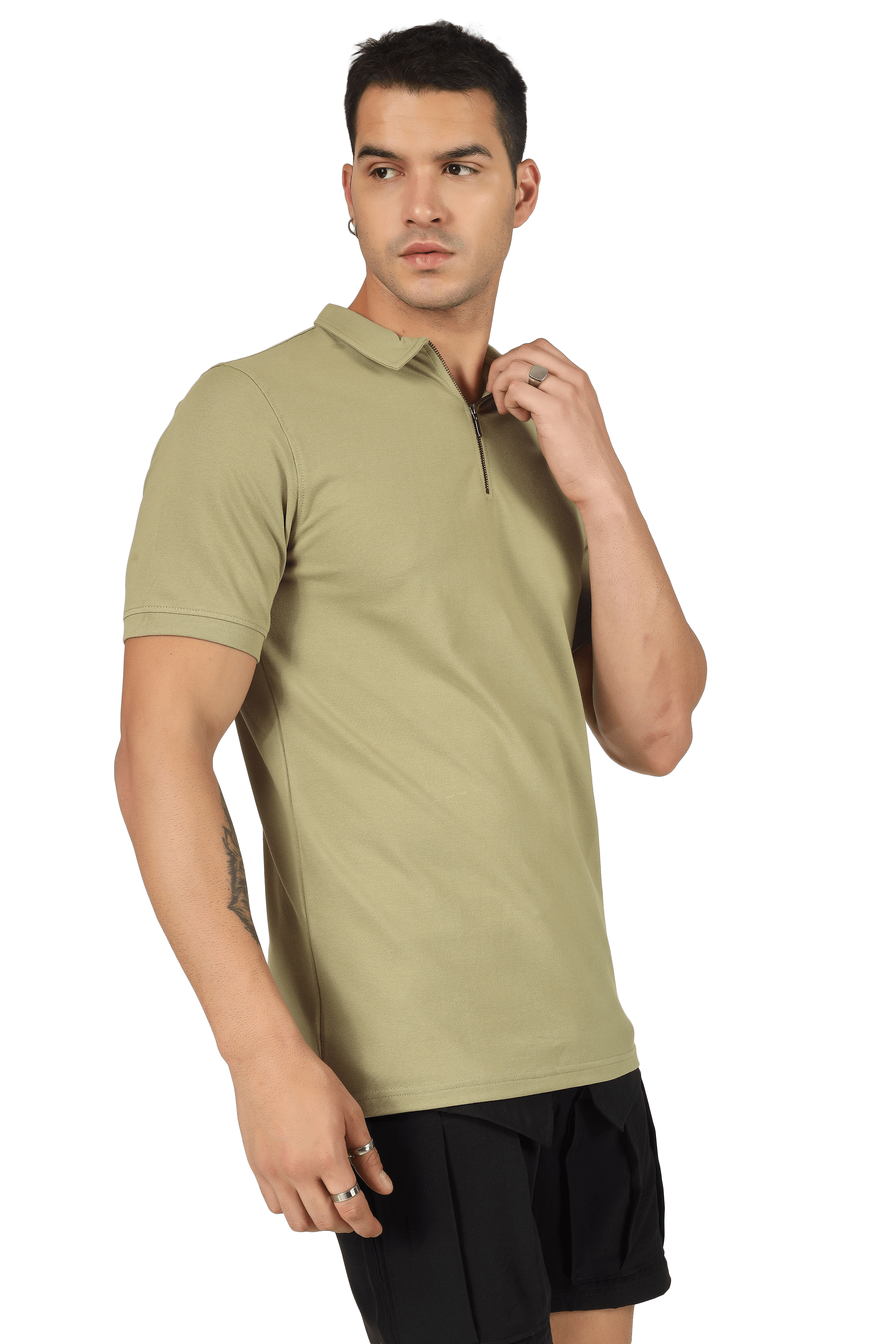 Man wearing gravel green zipper polo neck t-shirt made from 100% cotton Lycra, offering stretch, wrinkle resistance, and quick drying.