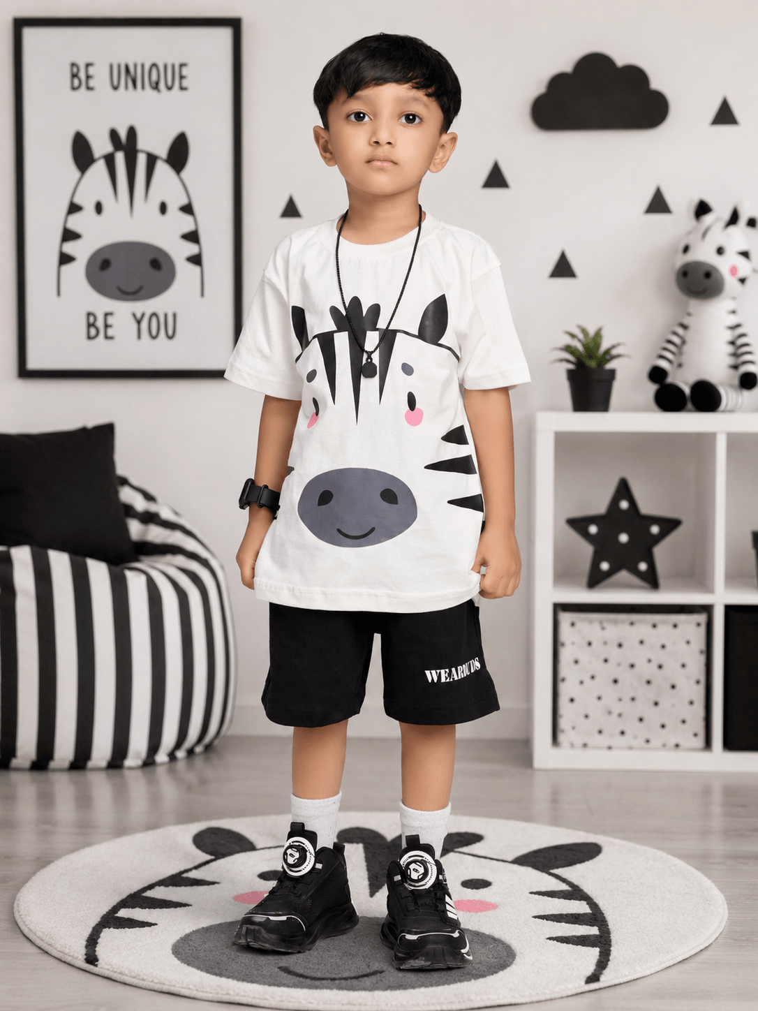 ZIPPY ZEBRA GRAPHIC CO-ORD SET FOR BOYS GIRLS WHITE BLACK featuring a playful zebra graphic on a child.