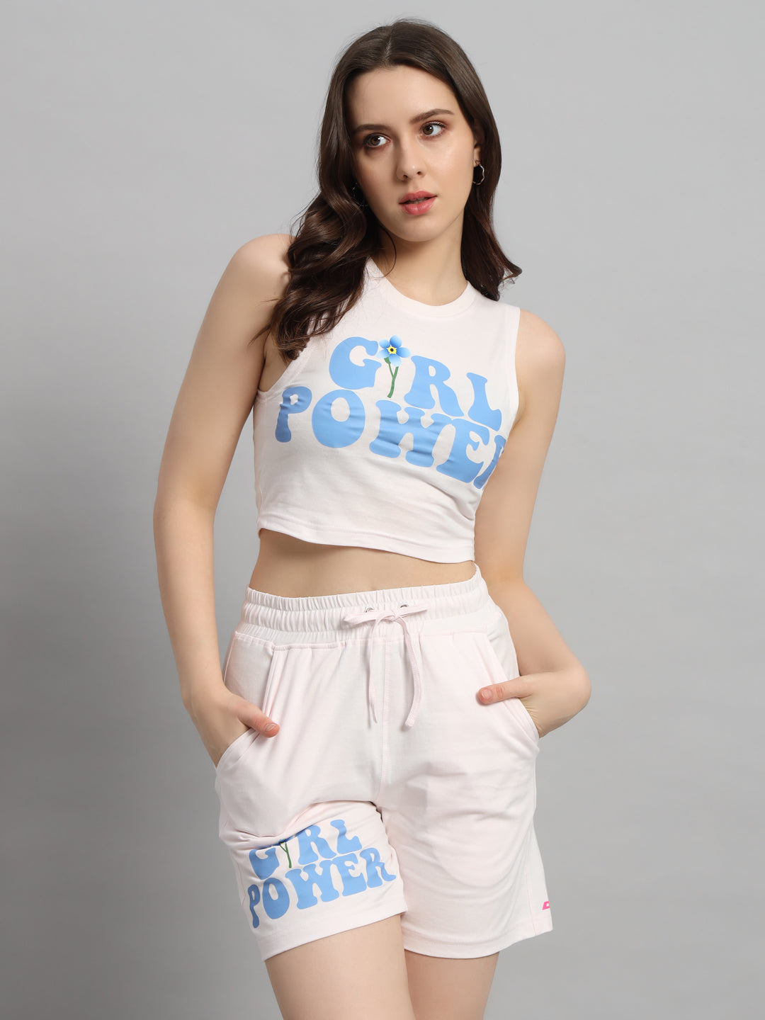 Women's Girl Power Co-Ord Set with Print (Baby Pink)