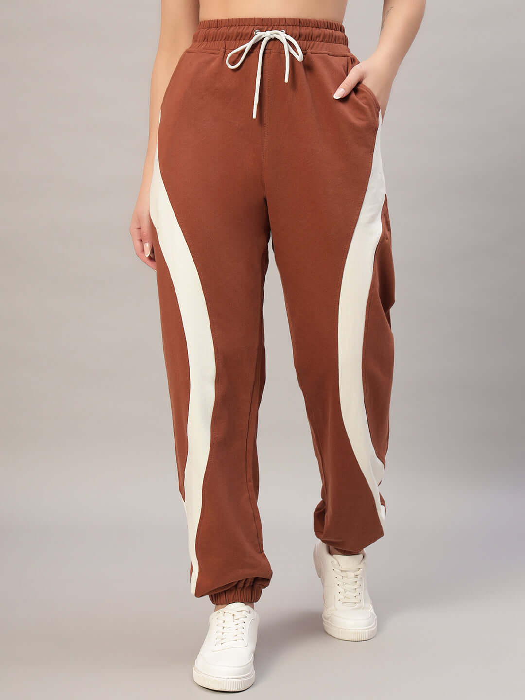 Women's cocoa co-ord set with off white-brown color in premium cotton terry lycra, featuring elastic waistband and stylish design.