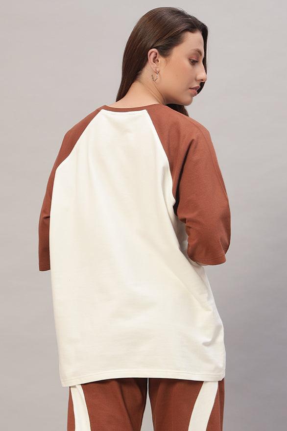 Women's Chestnut Raglan Blocked Oversized T-Shirt (Off White-Brown)