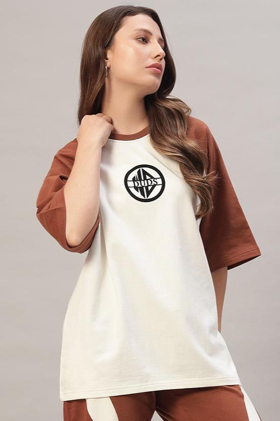 Women's Chestnut Raglan Blocked Oversized T-Shirt (Off White-Brown)
