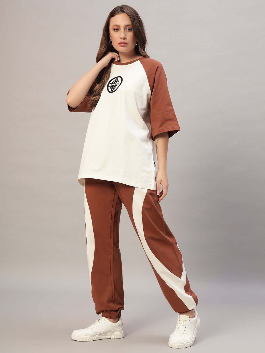 Women's Cocoa Co-Ord Set in Off White and Brown featuring premium cotton terry fabric, designed for comfort and style.