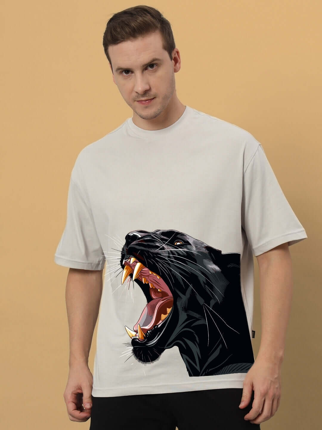 Grey oversized t-shirt featuring a roaring panther print, made with premium 100% cotton fabric from India by Color By Colours.