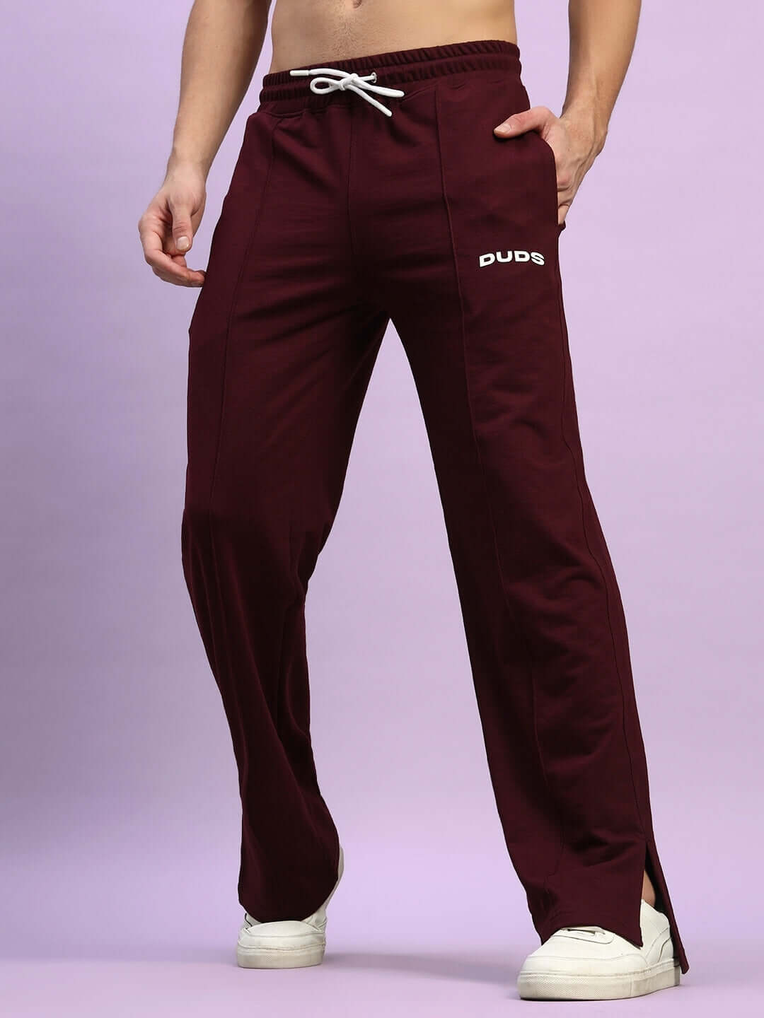 Maroon Zion Side Slit Joggers by DUDS, featuring customizable fit and comfortable design, ideal for casual wear.