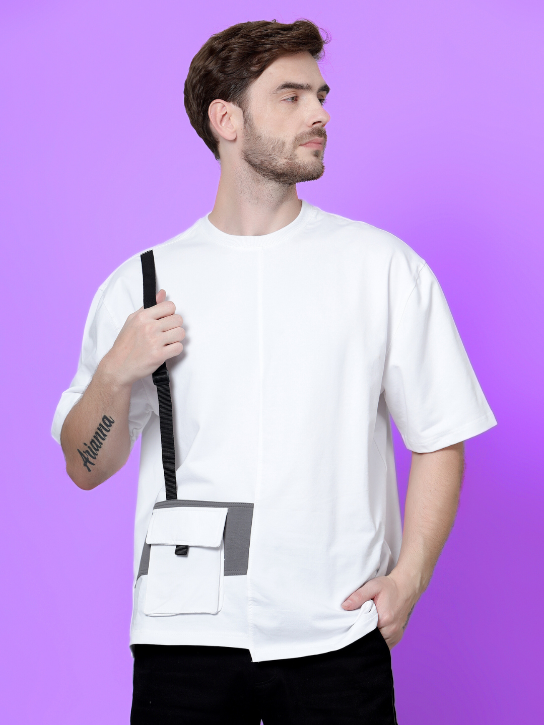 White & Grey Pocket with Belt Over-Sized T-Shirt