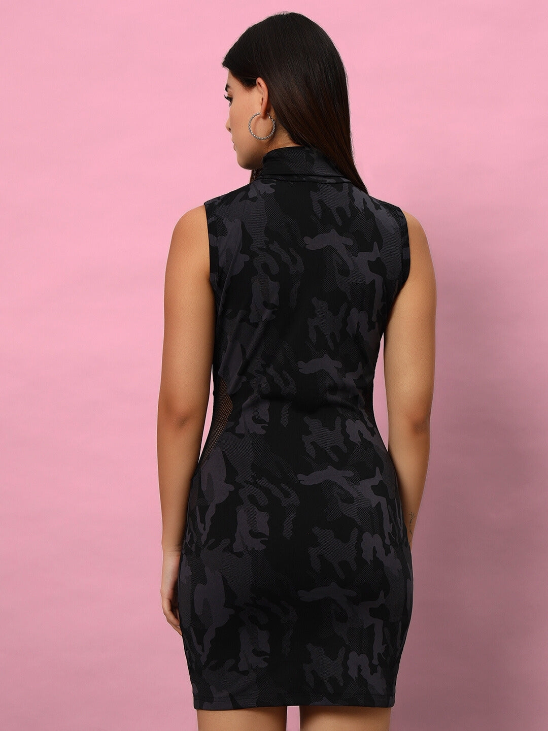 Back view of a woman wearing a Women's Passion Dress with Reflector Piping in Camo Blue, featuring a sleek design and soft fabric.