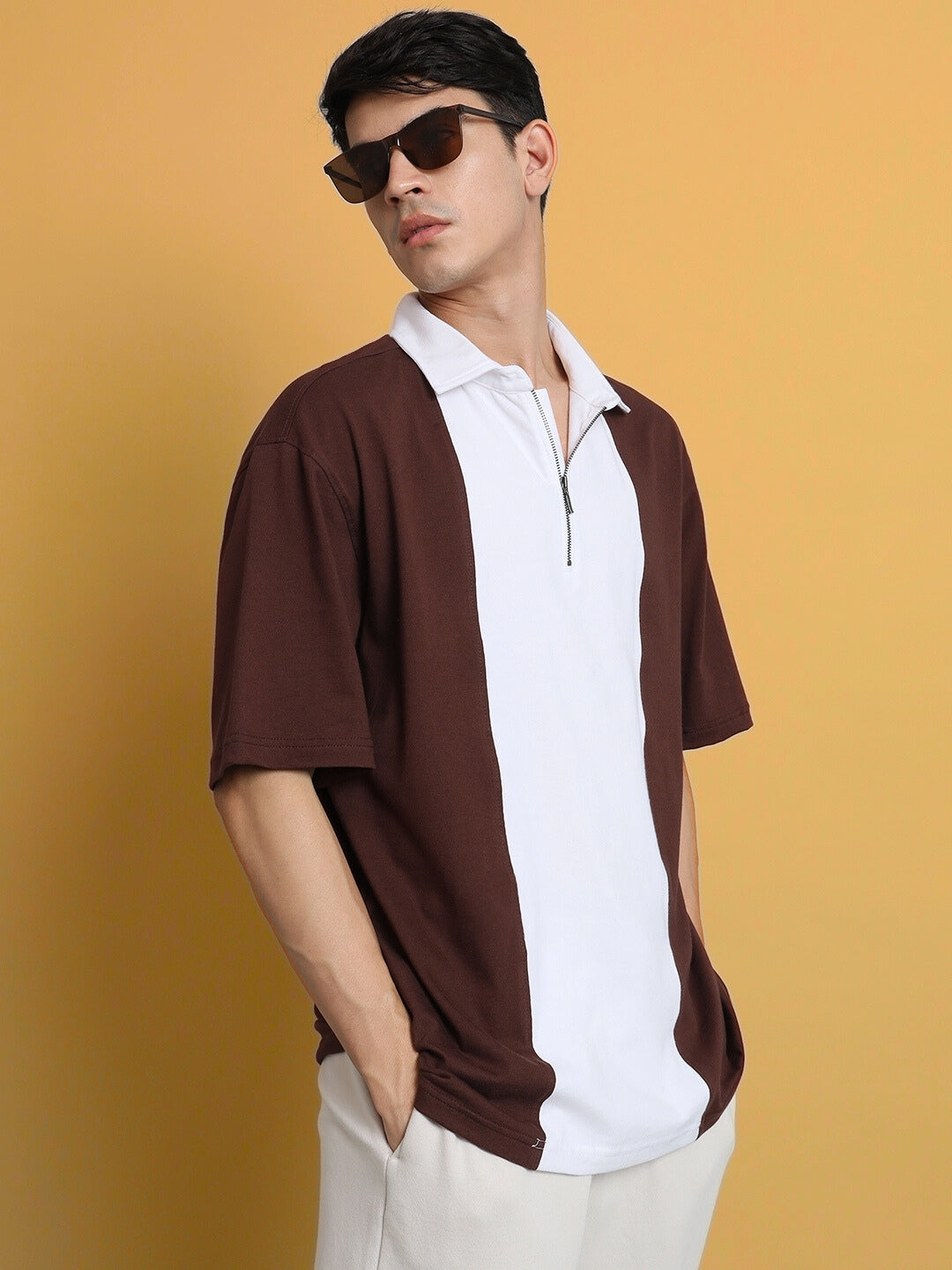 CONTRAST POLO OVERSIZED ZIPPER T-SHIRT (BROWN-WHITE)